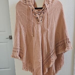 Beige Lace-Up Poncho with Fringe